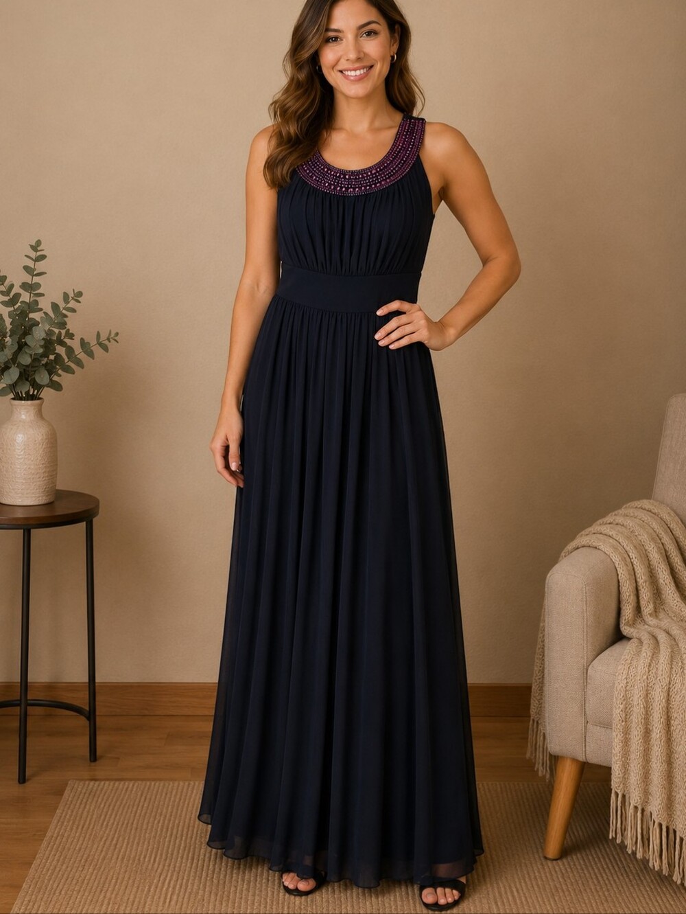 Haani Black Maxi Dress with Pink Beaded Collar